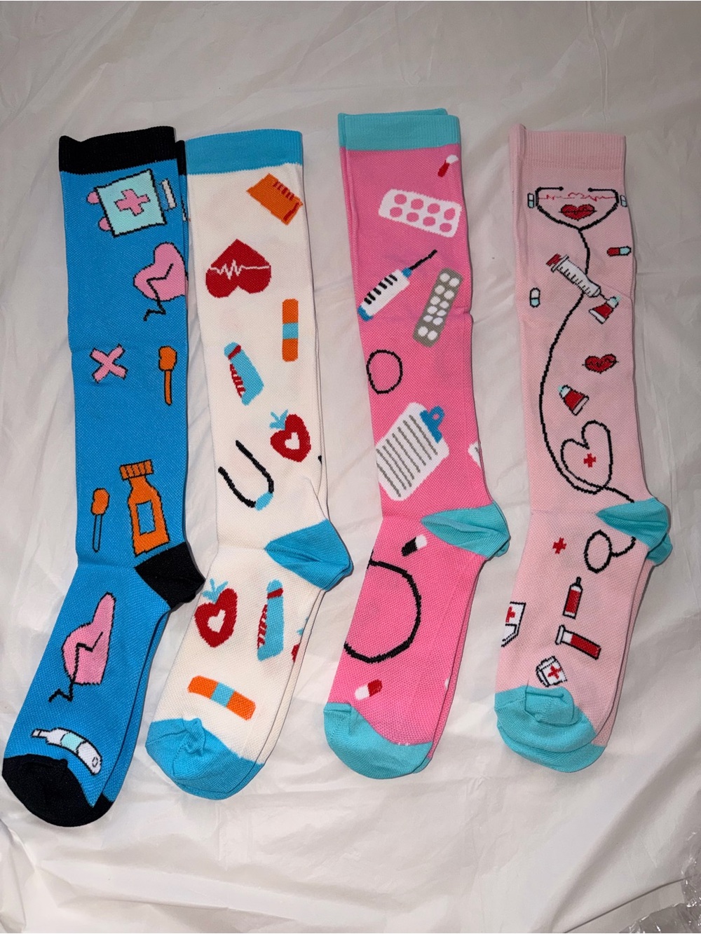 Novelty Medical Pattern Knee-High Socks - Pink, Blue, White.
